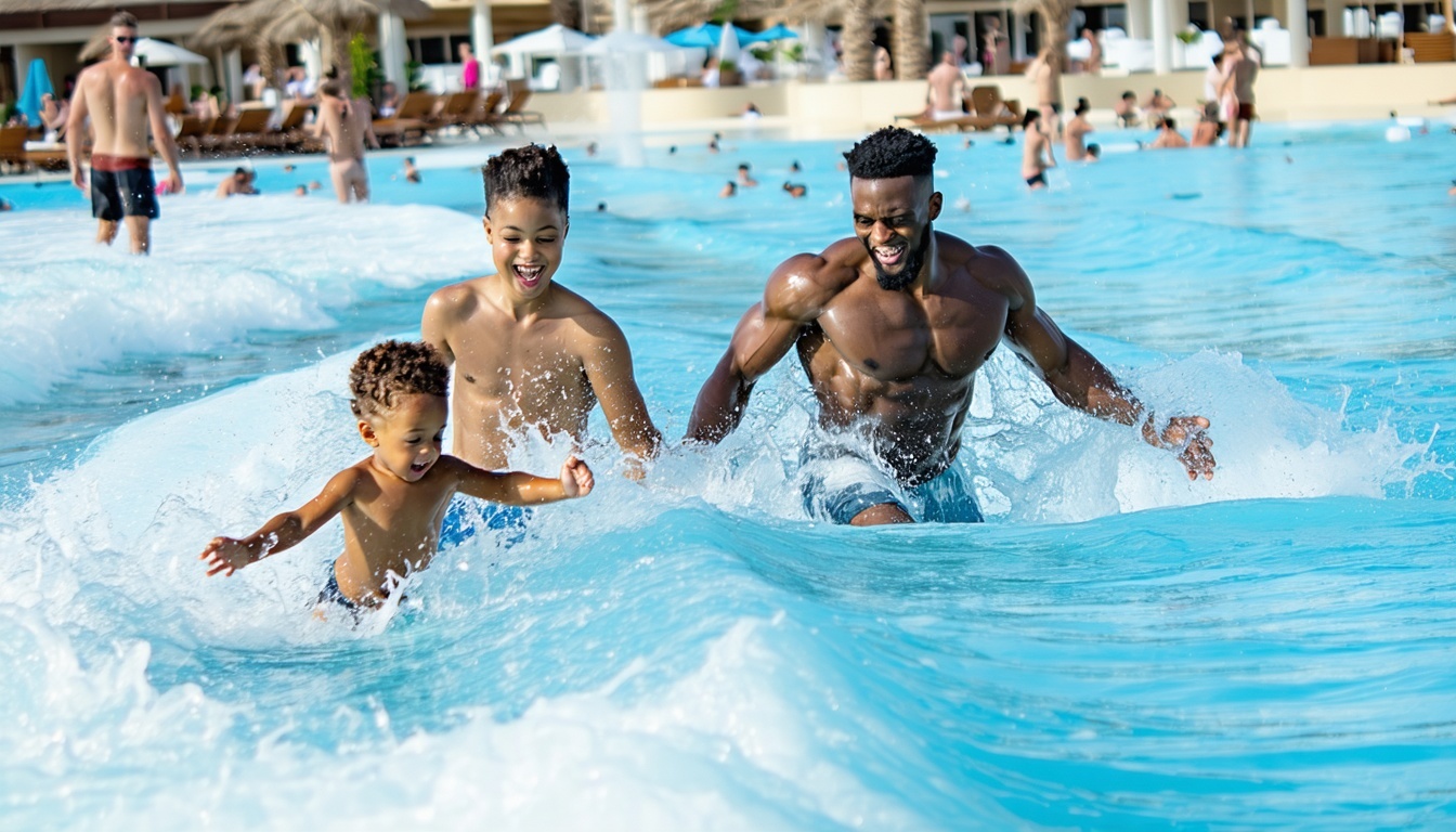 Family enjoying wave pool in Dubai