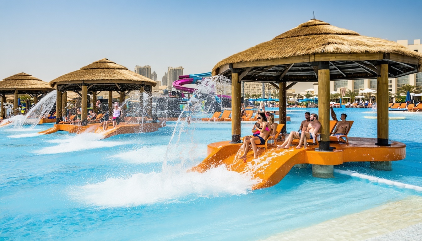 Relaxing cabanas and wave pool at Dubai Water Park