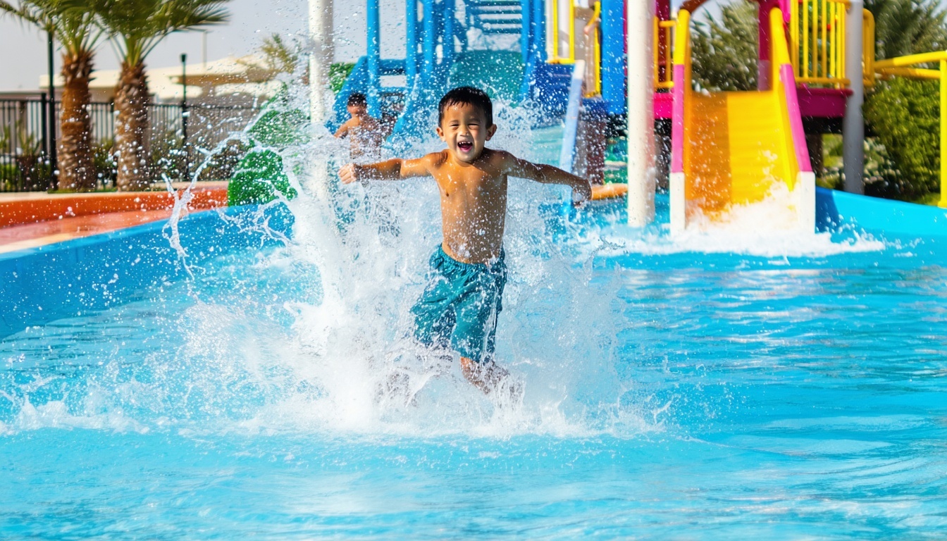 Children playing in interactive splash zones at Dubai Water Park